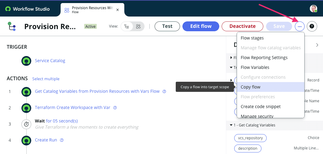 Screenshot: ServiceNow Copy Flow Interface