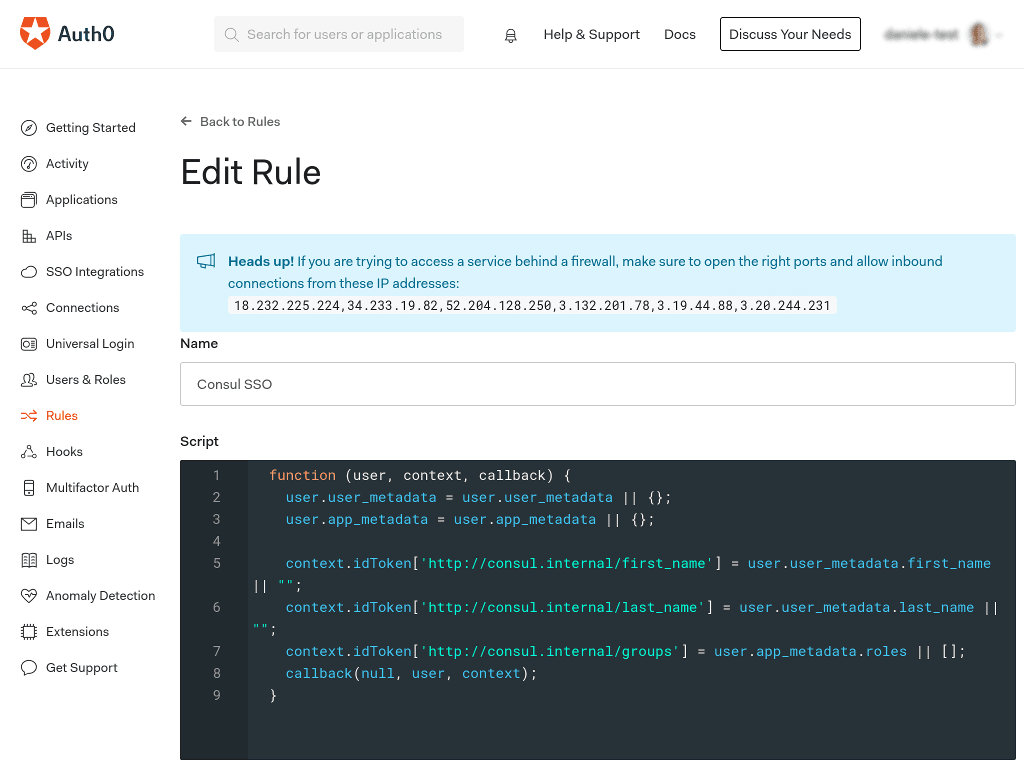 Auth0 UI configure callback rule