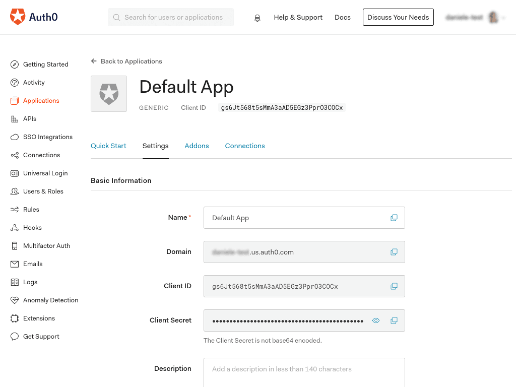 Auth0 UI get application parameters