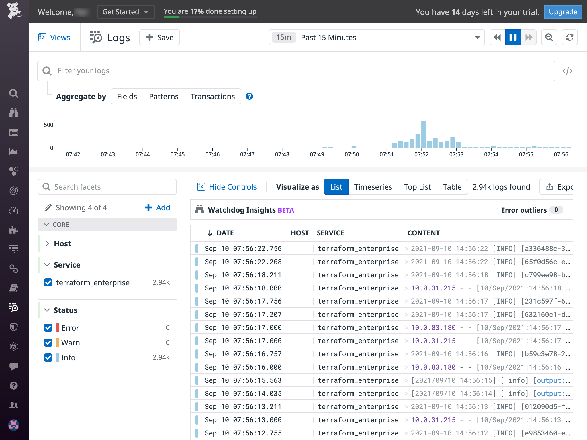 Terraform Enterprise logs in Datadog Log dashboard