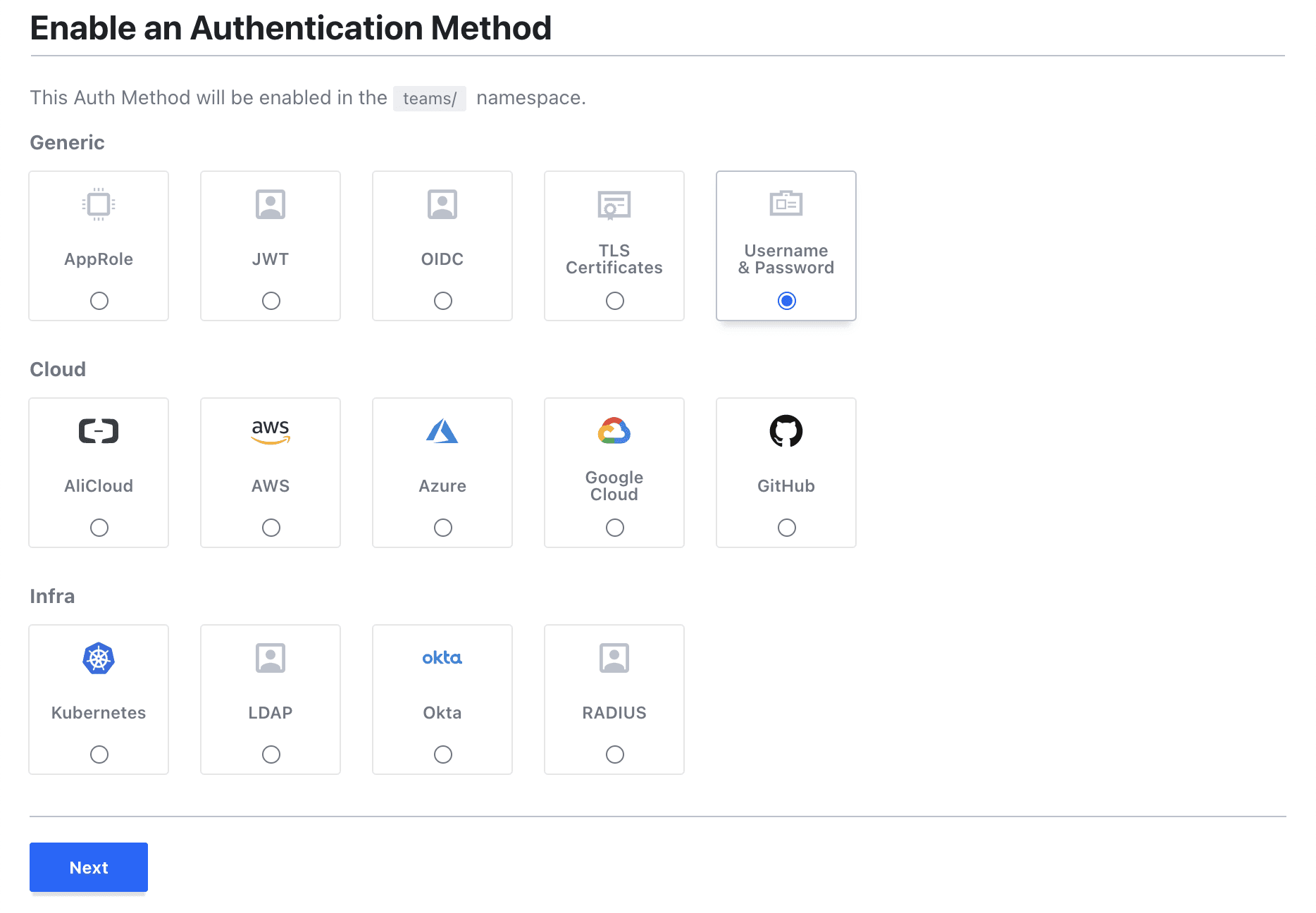 Configure auth method