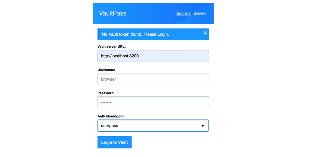 Chrome extension VaultPass server tab filled in