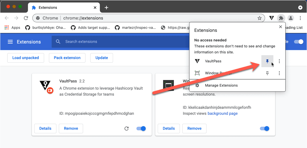 Chrome pin the VaultPass extension