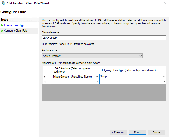 Screenshot of the Transform Claim Rule Configuration