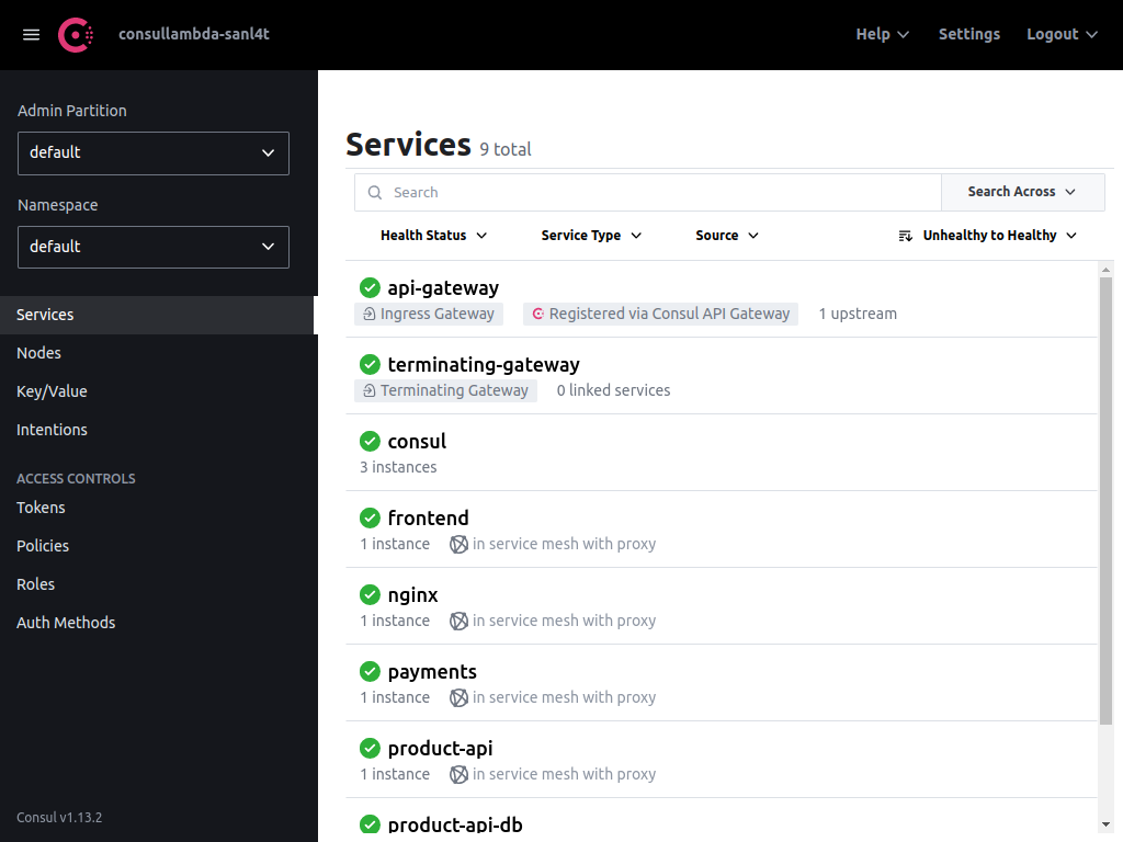 The Consul web interface, in the Services Dashboard. This picture displays all HashiCups services as operational, noted by the green checkmarks to the left of each service name