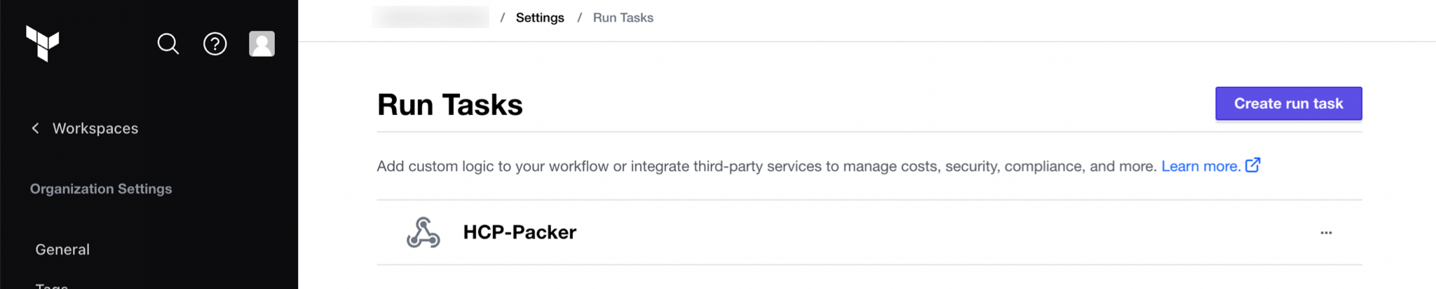 Run task page with HCP Packer run task