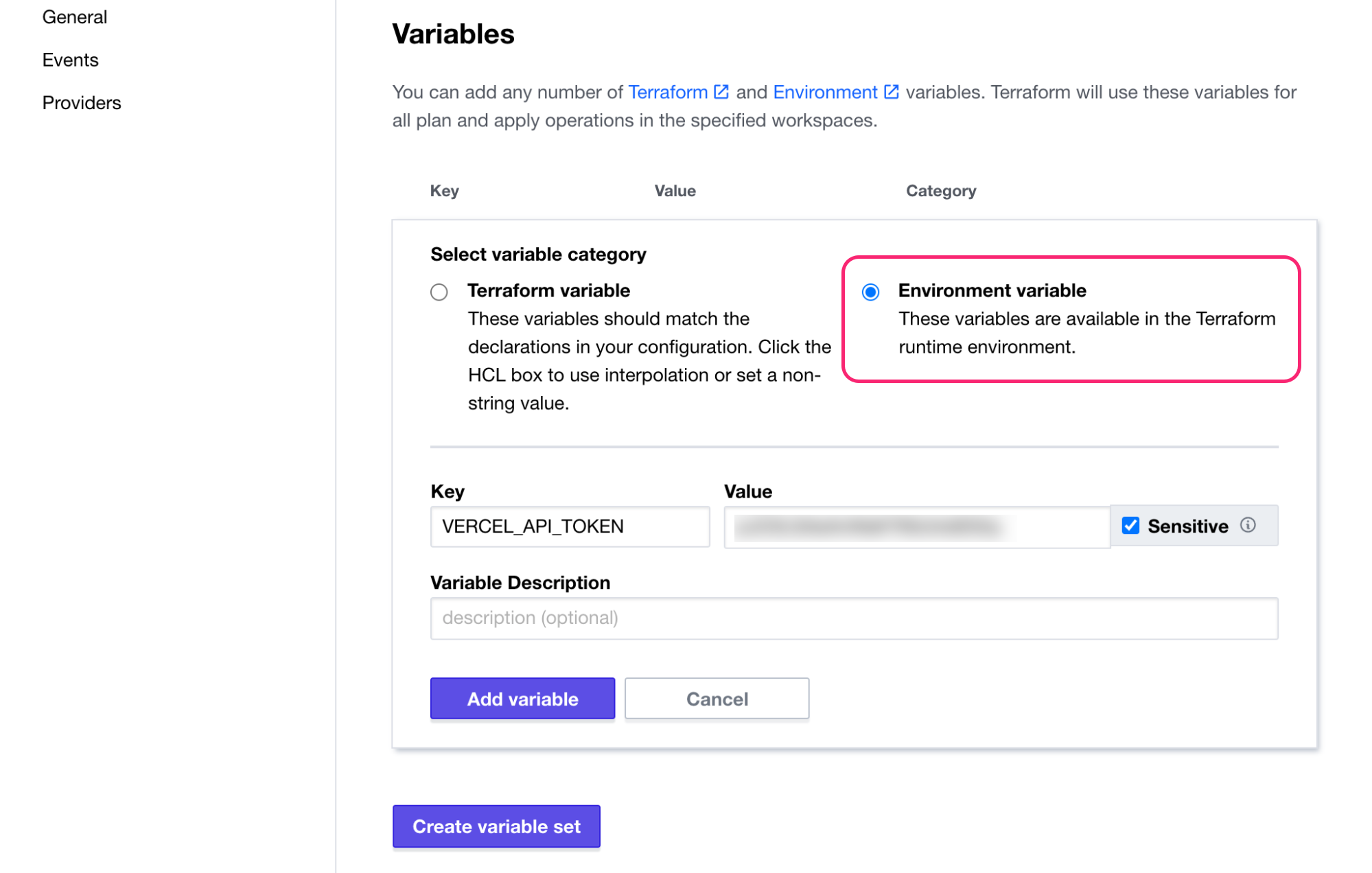 Create variable set for Vercel API token