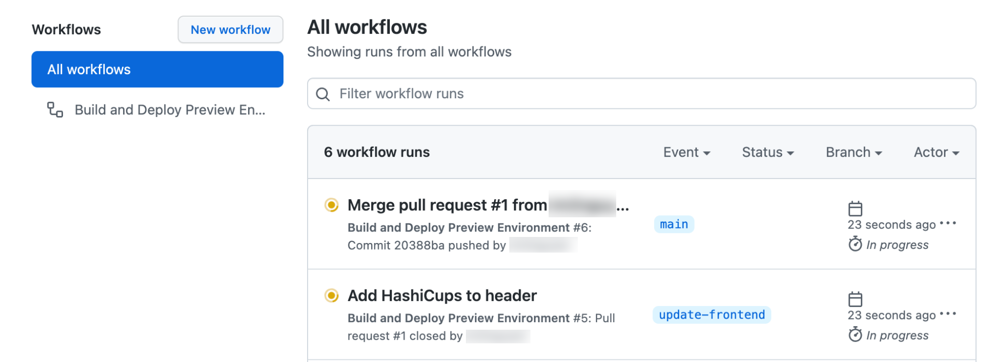 View two triggered GitHub Actions from merging the pull request into the `main` branch